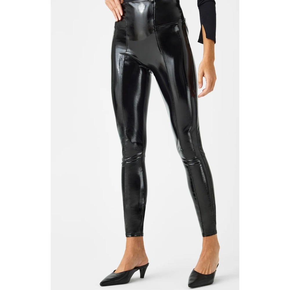 SPANX High Waisted Faux Leather Leggings Shaping Panel Black sz‎ S